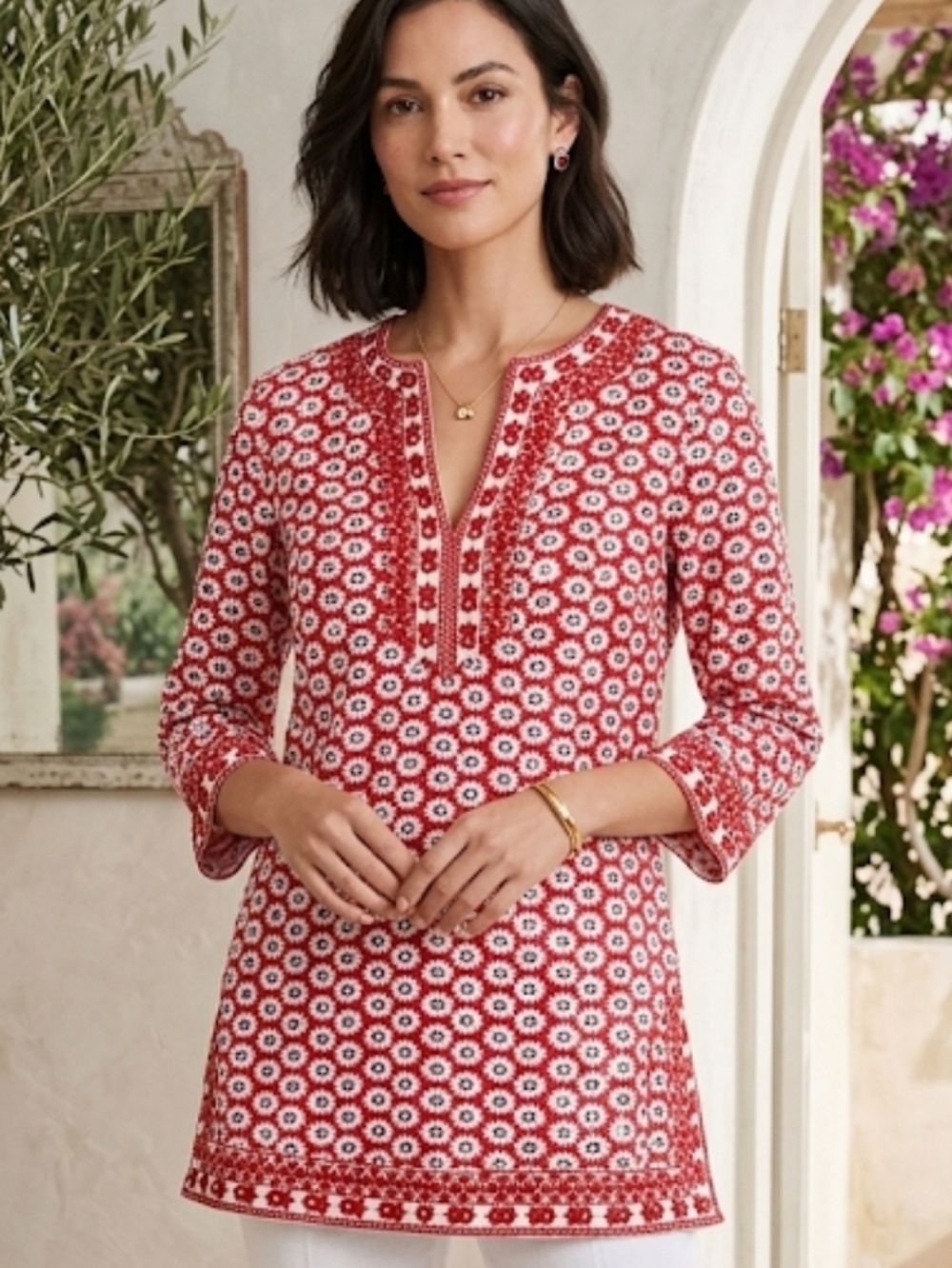 Tory Burch Cotton Red Jayne Mod Flower Daisy Sequin Embellished Tunic Sz 6